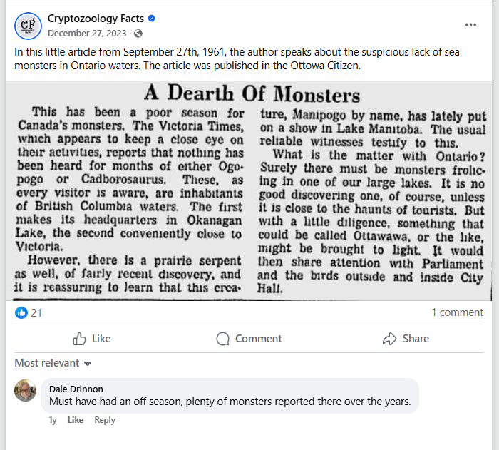 Were sea monsters scarce in Ontario that year?