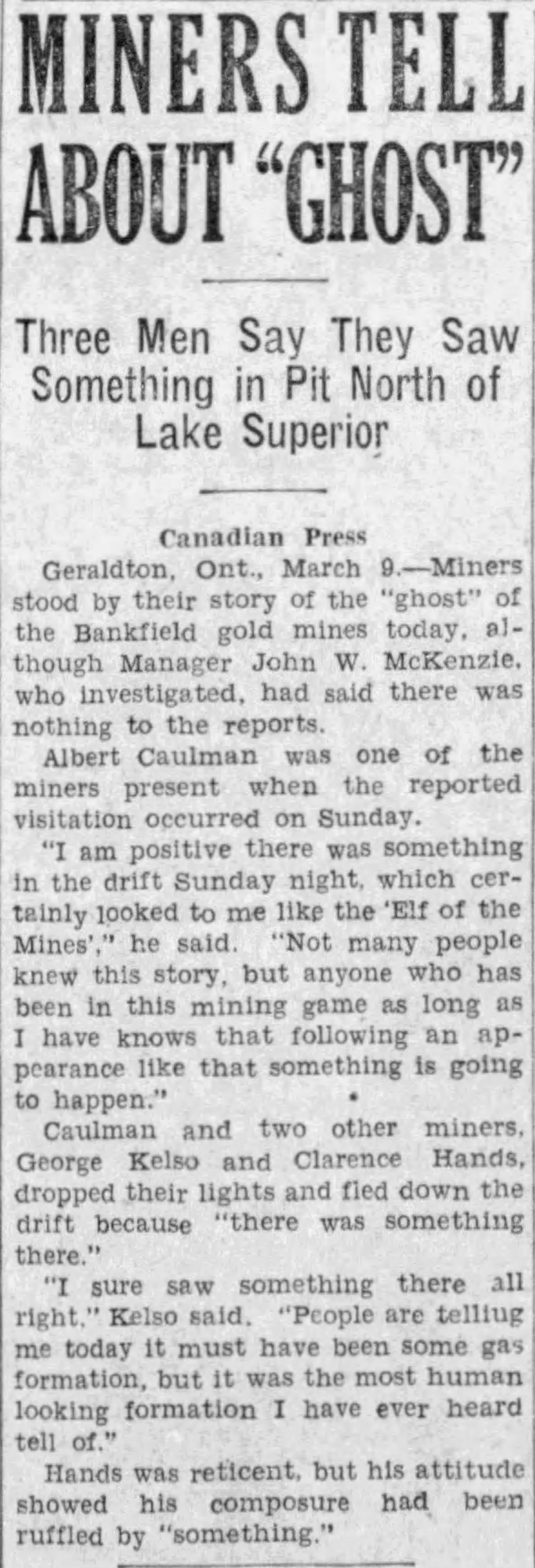 Canadian Press Clipping - Miners Tell About "Ghost"